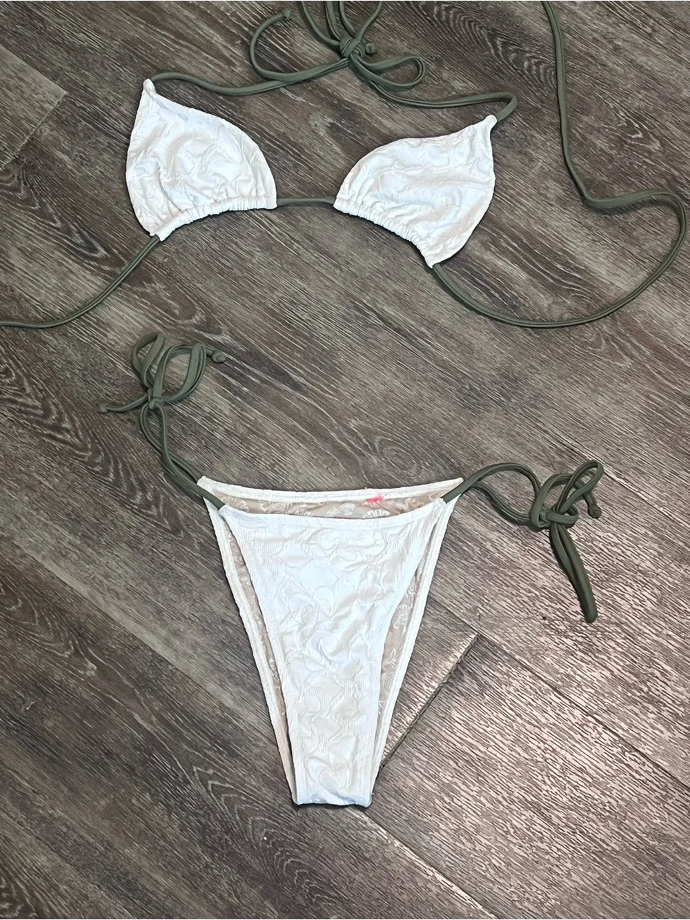 Free People White Floral Textured Triangle Bikini with Olive Tie Straps